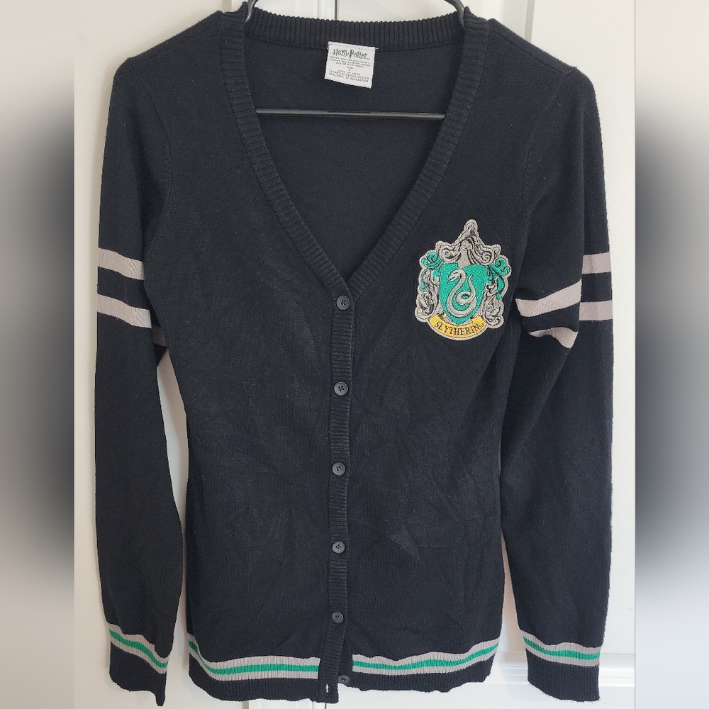 Harry Porter Black Slytherin Cardigan With Grey And Green Stripes. Size Small.